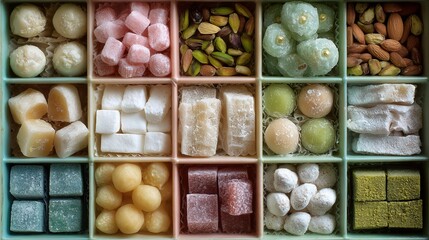 Fototapeta premium Assorted turkish delight and traditional middle eastern sweets arranged in a colorful grid box for a festive holiday celebration or gourmet dessert gift