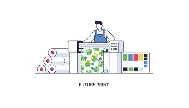 Flat vector illustration of a professional worker operating a large format industrial printer machine.