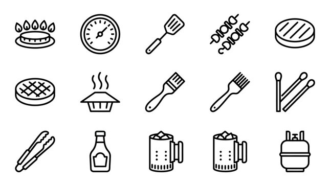 Black and white line icons of barbecue tools and food.