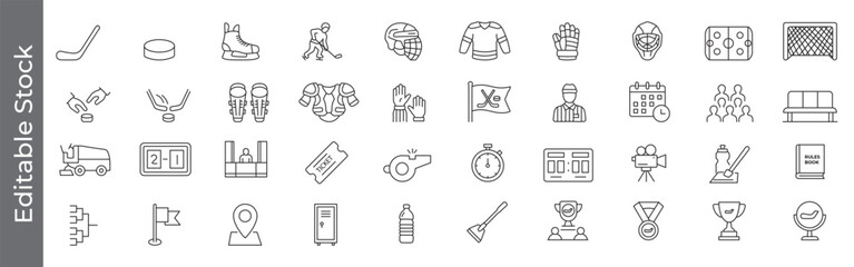Naklejka premium Ice hockey, tournament, championship and winter sports icon set – editable outline symbols of puck, stick, skate, equipment, player, match, score and tournament