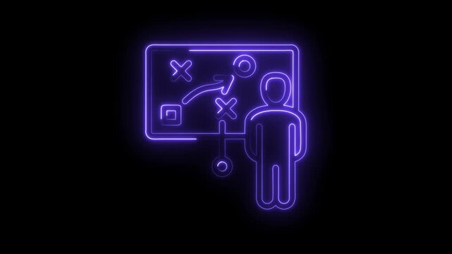 Neon strategy board with person icon showing planning and execution steps business concept
