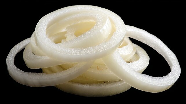 Fresh white onion rings stacked neatly on a dark black background for culinary food photography projects showcasing raw vegetable ingredients for healthy cooking