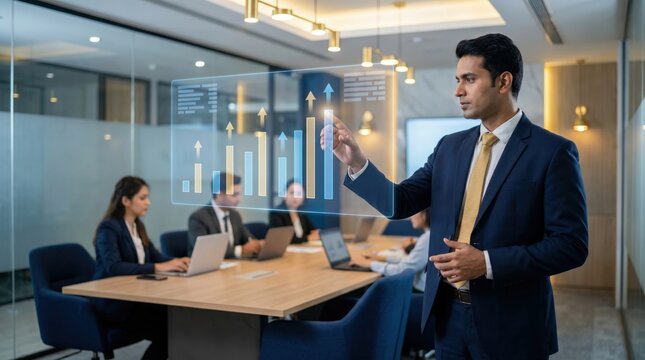 Indian Corporate Growth Concept: Businessman Presenting Floating Holographic Financial Charts in Modern Mumbai Boardroom