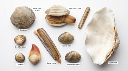Obraz premium Educational poster with various types of edible marine mollusks and shells on plain white background