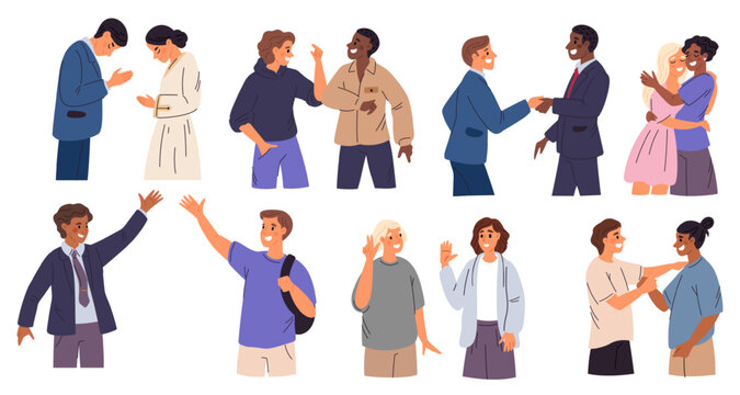 Greeting gestures. People communication. Handshaking men. Women waving hands. Friends hugging or patting on shoulders. Partnership and business etiquette. Welcome gesturing vector set