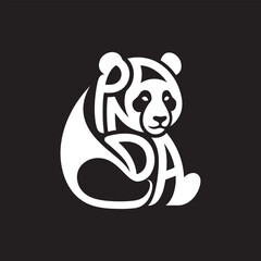 creative panda logo design with letter art and abstract elements in white on black background. © Something