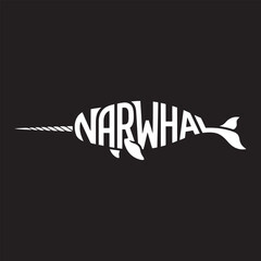 Narwhal typography design showing whale silhouette with long tusk. © Something