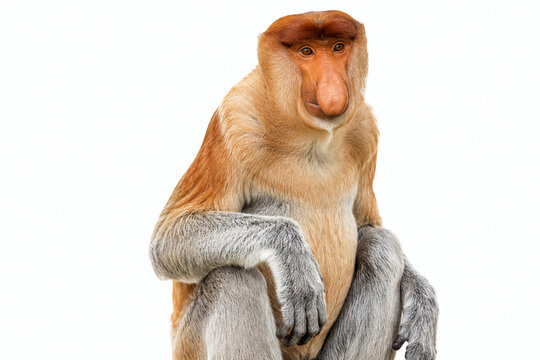 proboscis monkey sitting on white background