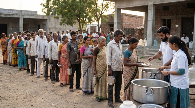 Indian volunteers distribute free food to poor people in long queue line