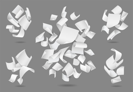 Falling paper. Realistic compositions featuring flying sheets swirls. Crumpled documents. Blank pages curling. Soaring notepaper group. 3D mockups. Vector set of scattered clean notes