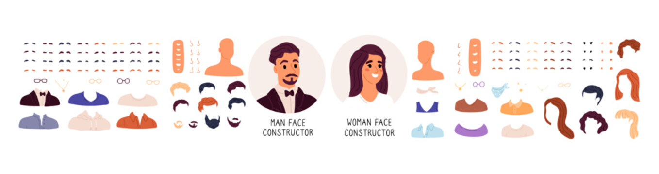 Face builder. Avatar generator kit. Attractive young people. Various hairstyles and eyebrows. Nose or eye shapes. Emotional expression. Vector set of male or female facial features