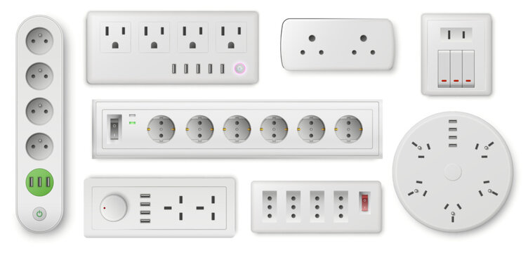 Extension cord. Realistic electrical components. 3D white plastic outlets. Insulated triple cable connectors. USB ports. Electricity circuit. Device adapters types. Sockets vector set