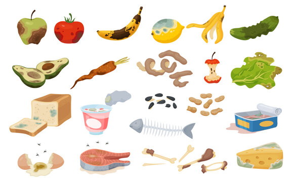 Expired food items. Spoiled and damaged products. Rotting fruits. Stinking vegetables or eggs. Biodegradable waste suitable for recycling. Compostable materials. Meal refuse vector set