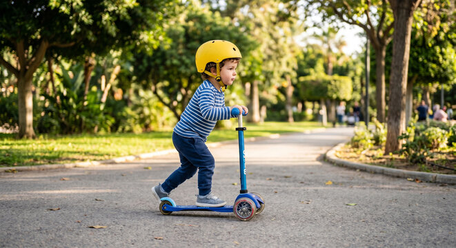 Happy little Spanish child wearing yellow safety helmet and striped shirt riding kick scooter on path in green park. Active childhood lifestyle concept.