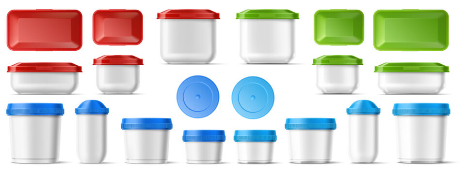 Designs for transparent food containers. Realistic plastic boxes with colored lids. Product storage pots front or top views. Round and square empty packaging. Vector 3D clean packages set
