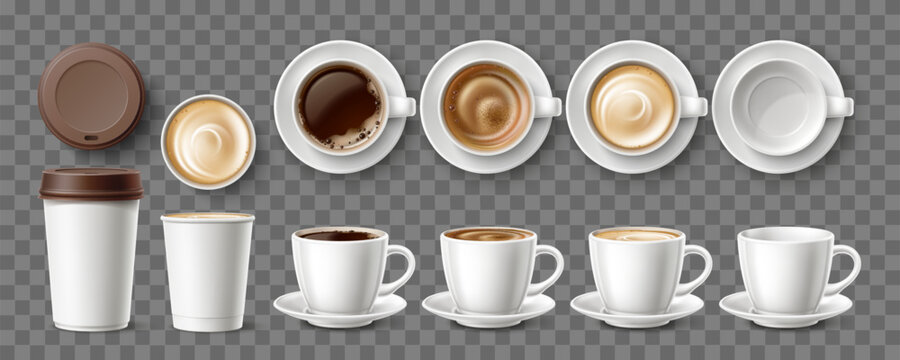 To go coffee cups. Realistic porcelain mugs for hot drinks. 3D blank mockups of disposable cardboard cappuccino glasses. Barista tableware top and side view. Vector coffeehouse set