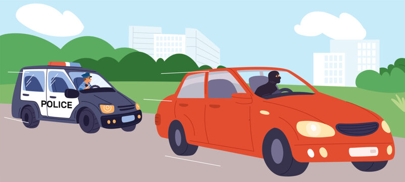 Thief stole car. Police are chasing criminal who stolen vehicle through streets of city. Automobile theft. Policeman patrol vehicle. Carjacker man escape from sheriff. Vector concept