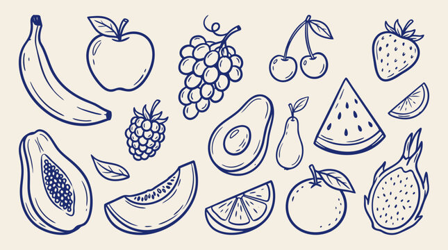 Collection of handdrawn delicious fruits and berries sketched in blue ink on a light background