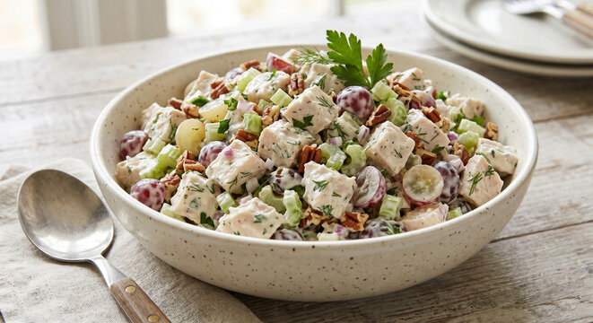 Fresh waldorf chicken salad with grapes and pecans in a ceramic bowl