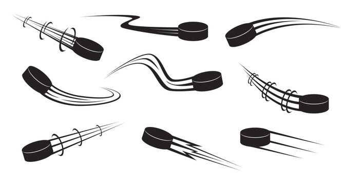 Flying black hockey pucks for playing sport game. Airflow trail. Fast goal. Flight stream track. Ball hit motion flow. Movement trajectory. Vector set of silhouettes on white background