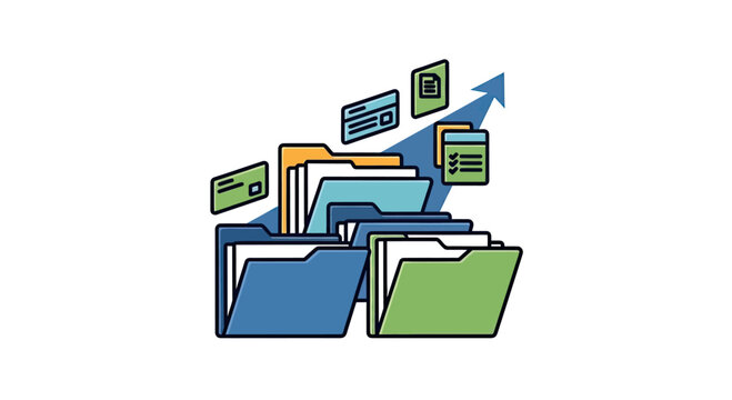Blue and green folders with flying document icons.
