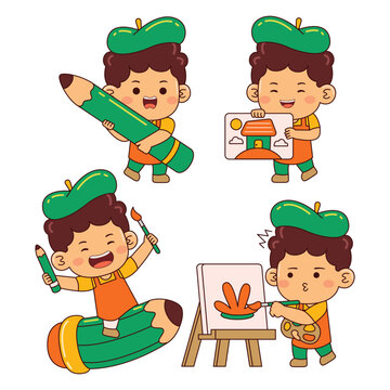 cute artist boy cartoon character illustration