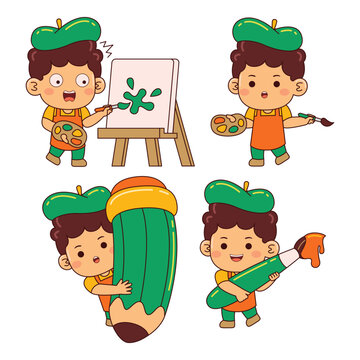 cute artist boy cartoon character illustration