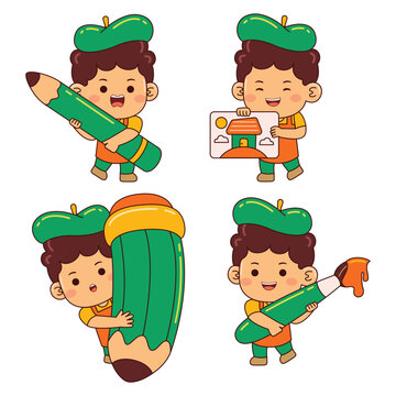 cute artist boy cartoon character illustration