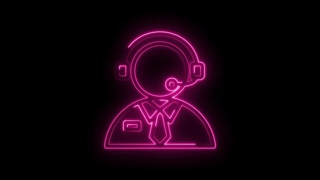 Neon pink glowing icon of a person wearing a headset and tie on a black background abstract