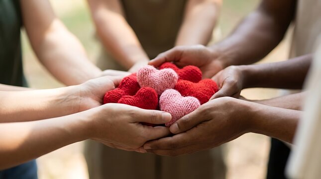 Diverse hands holding knitted hearts in unity and support