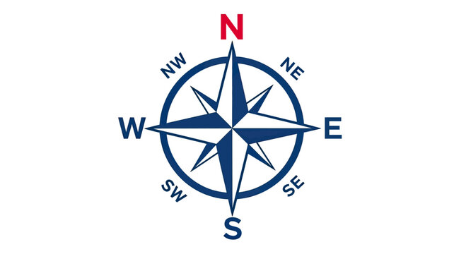 Blue nautical compass rose showing cardinal directions.