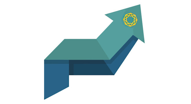 Blue rising arrow with golden sun for success.
