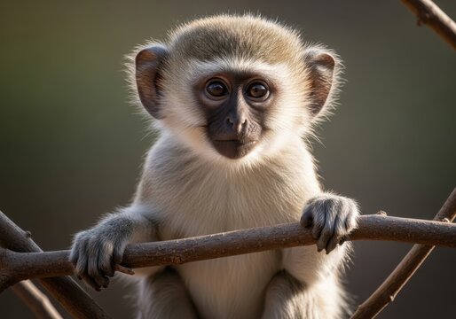 A curious young vervet monkey perched on a tree branch in the African wilderness