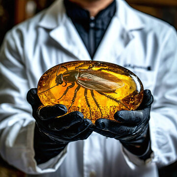 Large amber stone with an ancient cockroach inside held by hands in black gloves. White coat and laboratory setting highlight the scientific value of the finding.