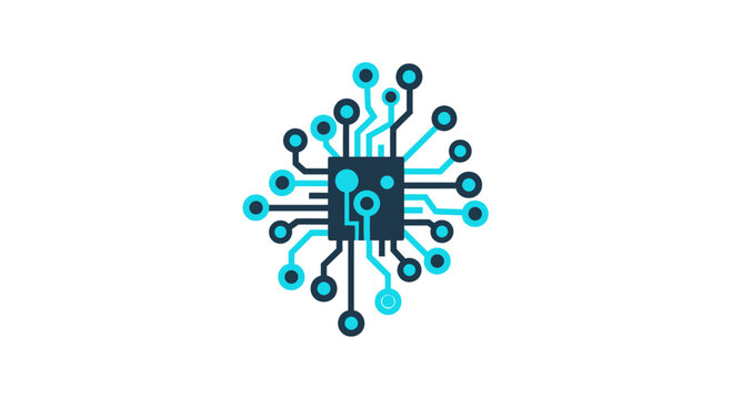 Blue electronic circuit board microchip icon.
