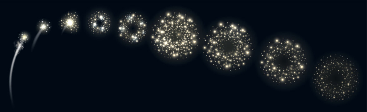 Realistic fireworks animation. 3D animated explosion created frame by frame. Salute featuring gradual stages. Grand finale and glowing particles. Pyrotechnic sequence steps vector set