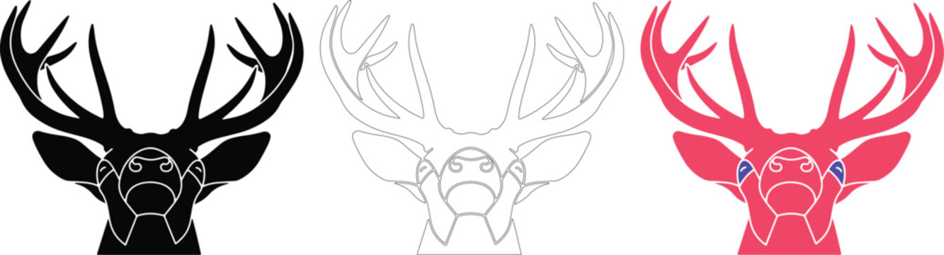 Minimalist Deer Head Icon Set in Black Outline and Color