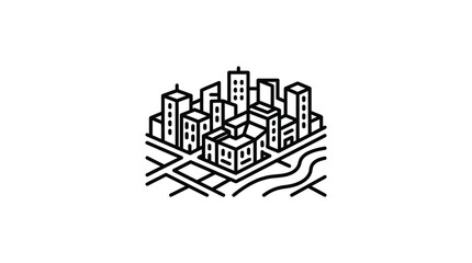 Minimalist line art illustration of a dense urban city block with streets and a river. © zahraquin
