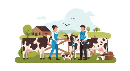 Naklejka premium Farm life: Veterinarian and farmer tending to cows and calf with rustic barn