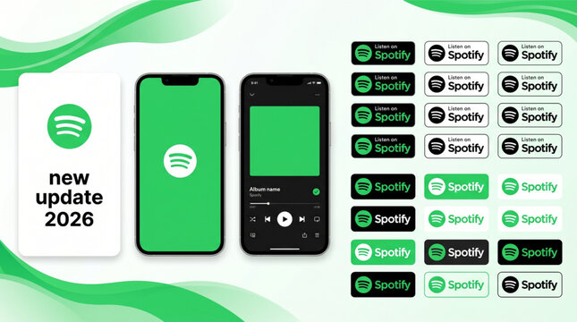 2026 Spotify mockup social media template. Spotify music player app interface on smartphone screen. New update UI UX design layout with logo buttons icons. Mobile app display frame on iPhone 15.
