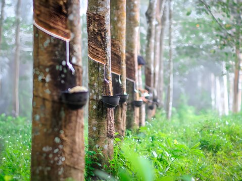 Rubber Tapping Plantation: Rows of rubber trees stand in a misty forest, their trunks tapped with collection cups to gather latex, showcasing a traditional agricultural process.