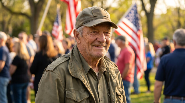 Senior Veteran at 4th of July Community Celebration With Patriotic Background