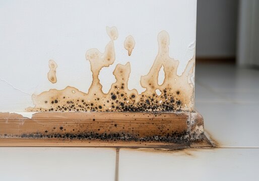 Black and brown mold growth spreading across a white wall and wooden baseboard, indicating severe water damage and potential health hazard indoors.