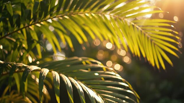 Defocused green palm leaves in the foreground with beautiful warm golden sun light and soft circle bokeh abstract natural backdrop.