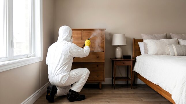 Professional exterminator wearing protective suit uses steam treatment to sanitize wooden dresser in a home