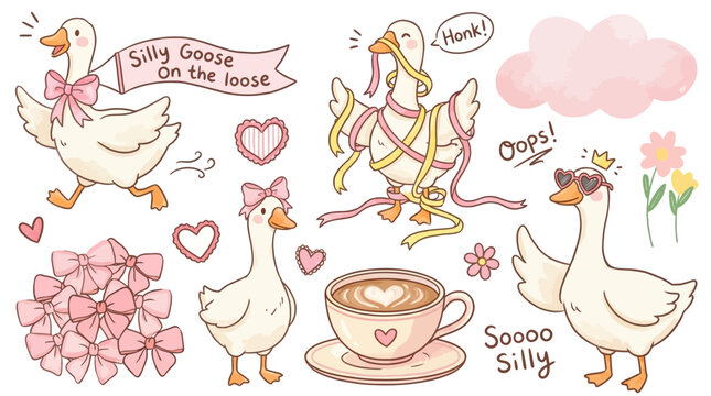 Collection of Adorable Silly Goose Illustrations Featuring Funny Cartoon Bird Characters in Hand Drawn Doodle Style Comic Meme Clipart Set Isolated on White Background for Graphic Design Projects