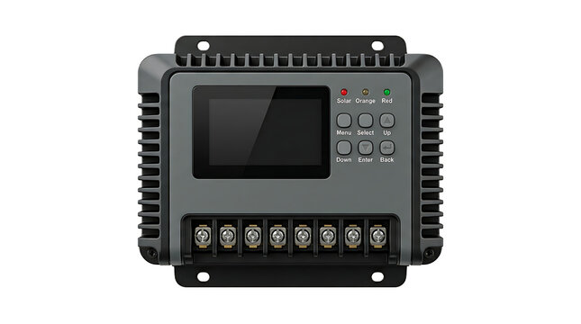A black solar charge controller with a digital screen, buttons, and terminal ports, isolated on a white background, for energy systems