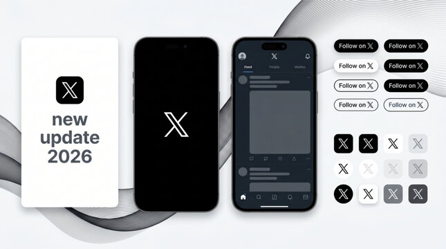 2026 X mockup social media template. X mobile app interface template. New X update smartphone UI screen display. Twitter rebranding app design. Follow on X buttons set. Feed profile splash screen ios.