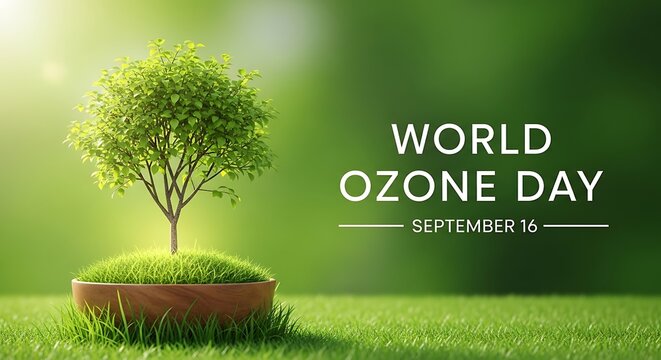 Small tree in pot celebrating World Ozone Day with sunlight and nature background