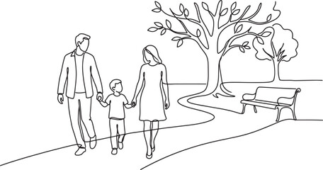 Obraz premium Family walking in park continuous line drawing with parents and child holding hands in outdoor setting vector